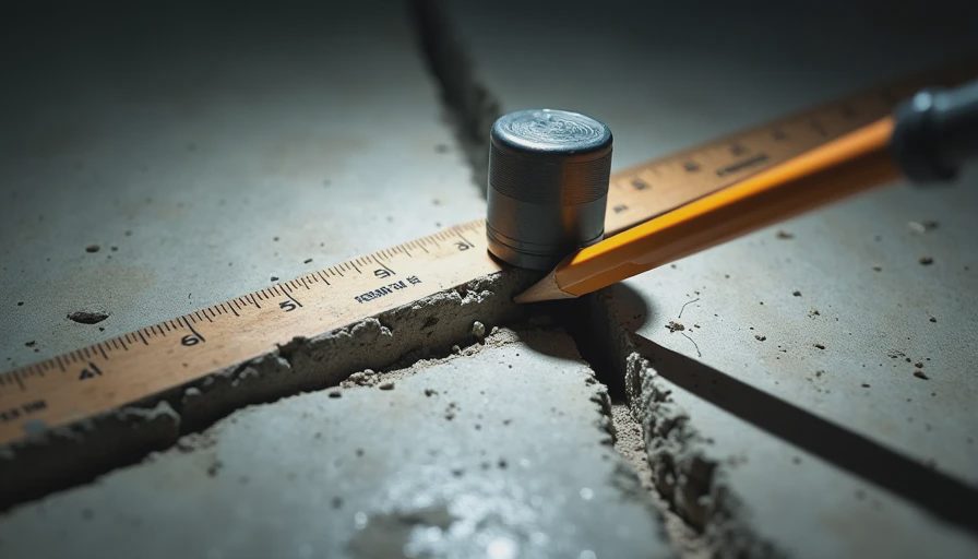 Foundation crack monitoring with ruler and crack monitor device in basement