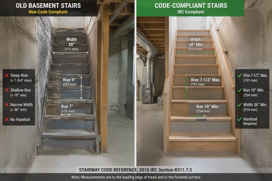 Comparison of old basement stairs versus code-compliant rebuilt stairs with dimensions