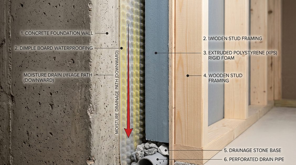 Cross-section view of correct dimple board and rigid foam installation showing moisture drainage direction