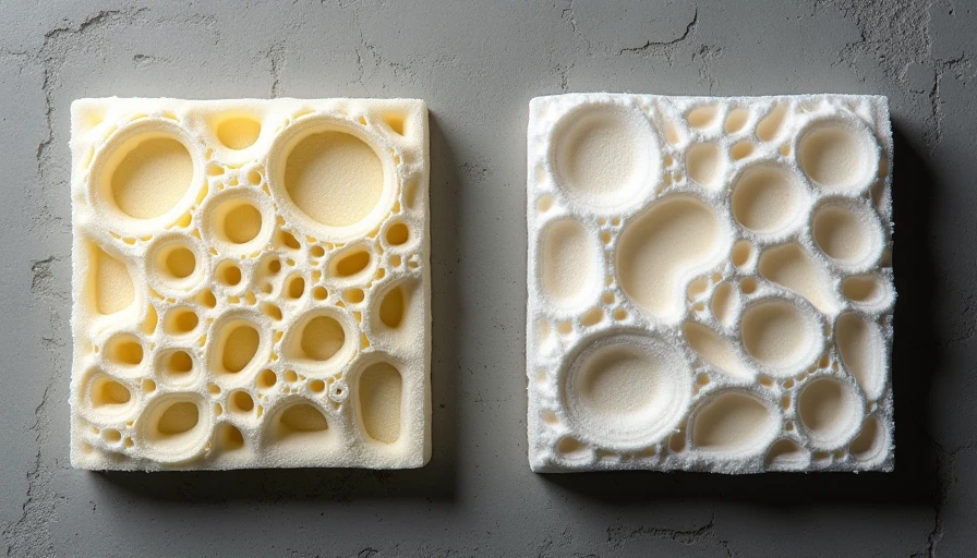 Cross-section comparison of closed-cell versus open-cell spray foam insulation samples