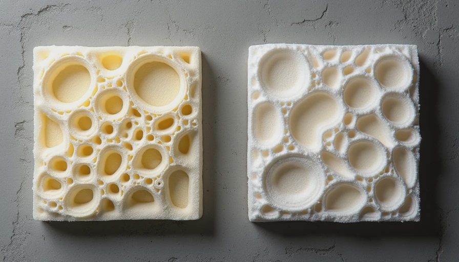 Cross-section comparison of closed-cell versus open-cell spray foam insulation samples